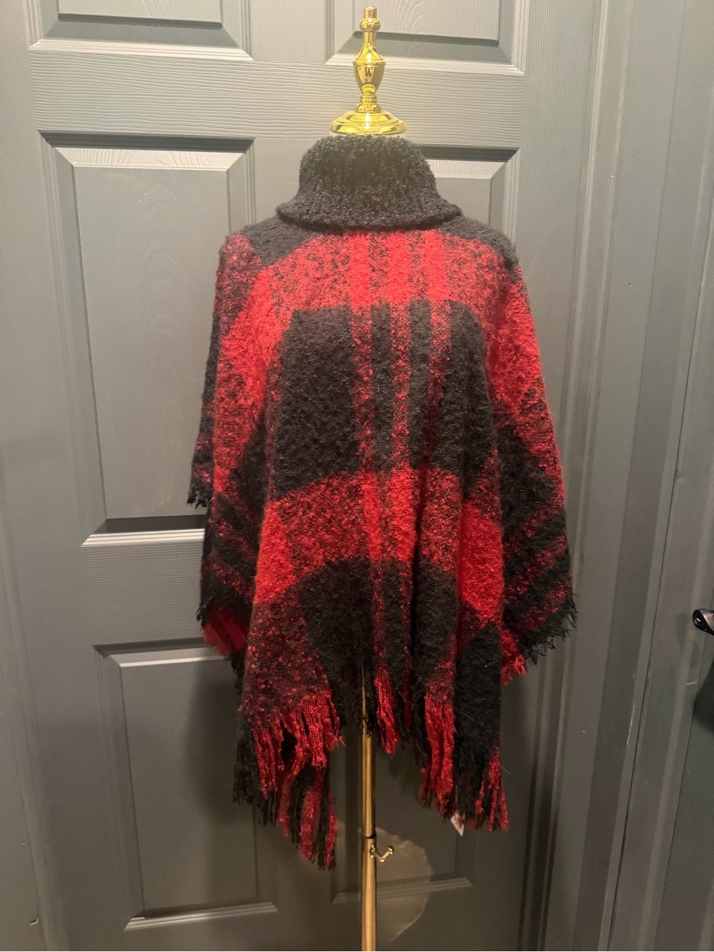 Nine West Red and Black Plaid Turtleneck Fringe Poncho